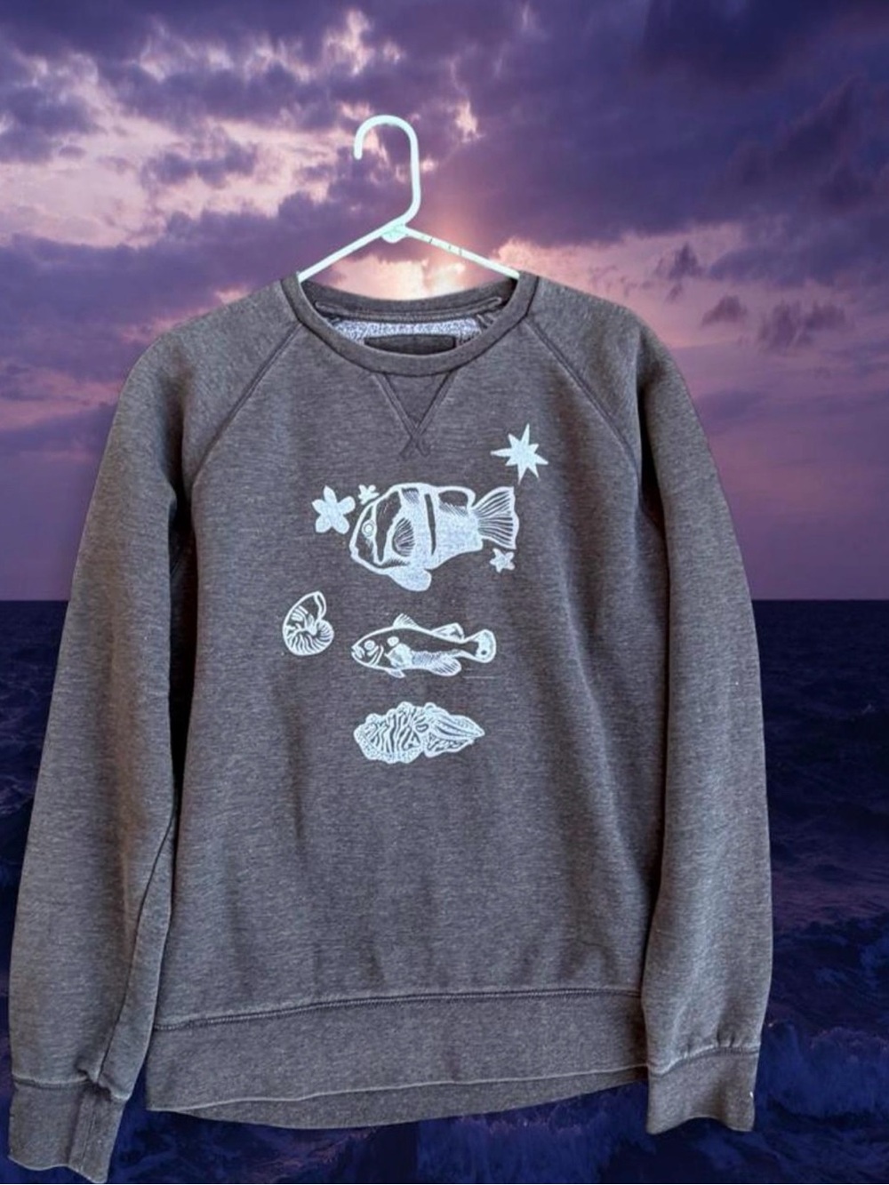 Men's Gray Graphic Fish Crewneck Sweater